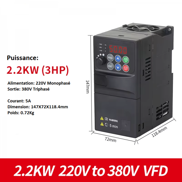 Variateur de Fréquence 2.2KW 220V Mono 380V Tri